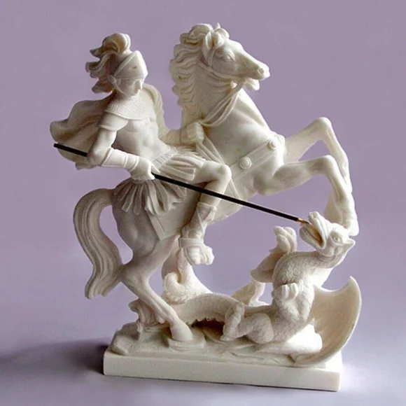 Saint George slays the dragon statue made of Alabaster 27cm gold